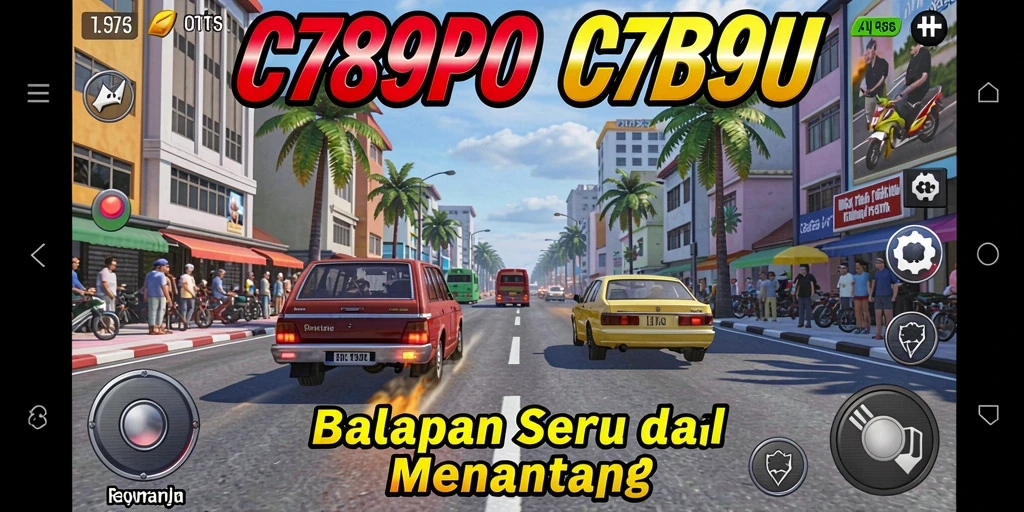 Screenshot gameplay C7890 menunjukkan mobil balap melaju kencang di lintasan.