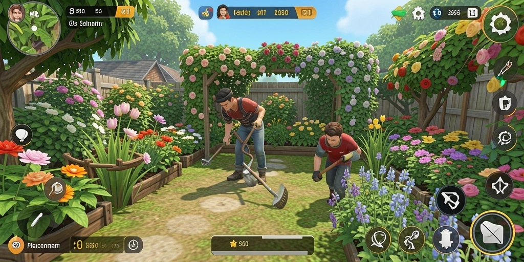 Tampilan utama gameplay S80 yang menggambarkan kebun yang subur.