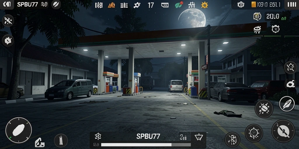 Screenshot gameplay SPBU77 menampilkan suasana horor yang mencekam dengan efek visual yang menakutkan.