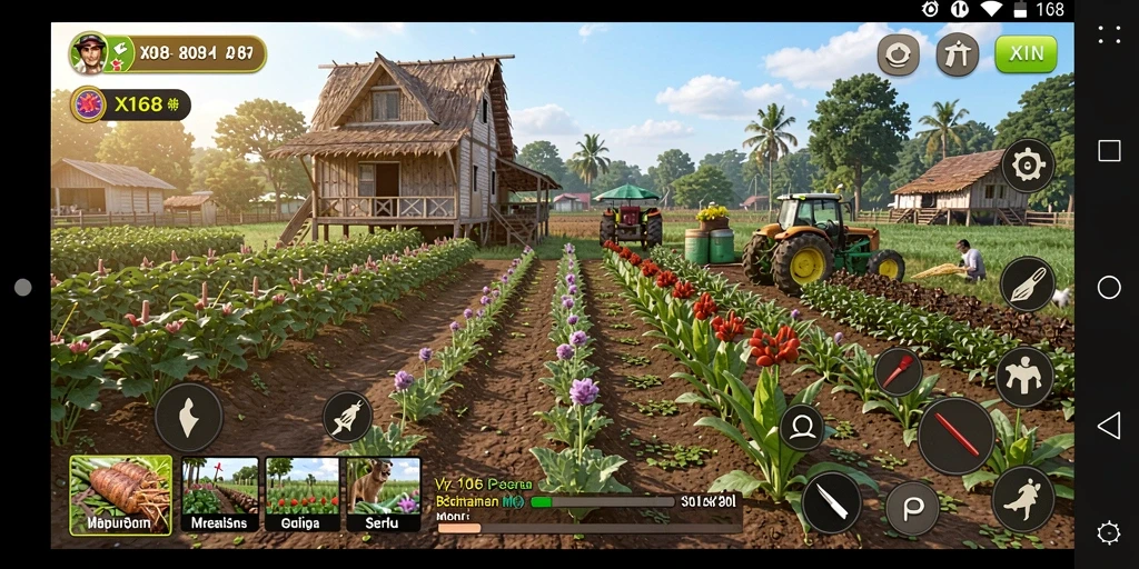 Tampilan gameplay X168 yang menampilkan aktivitas bertani.
